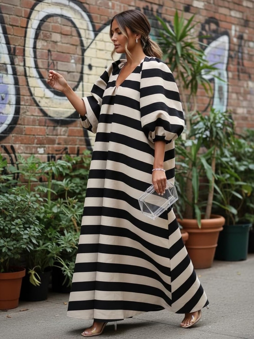Women's Navy Cream Stripe Maxi Dress 1/2 Sleeve V Neck Lantern Sleeve Pockets L